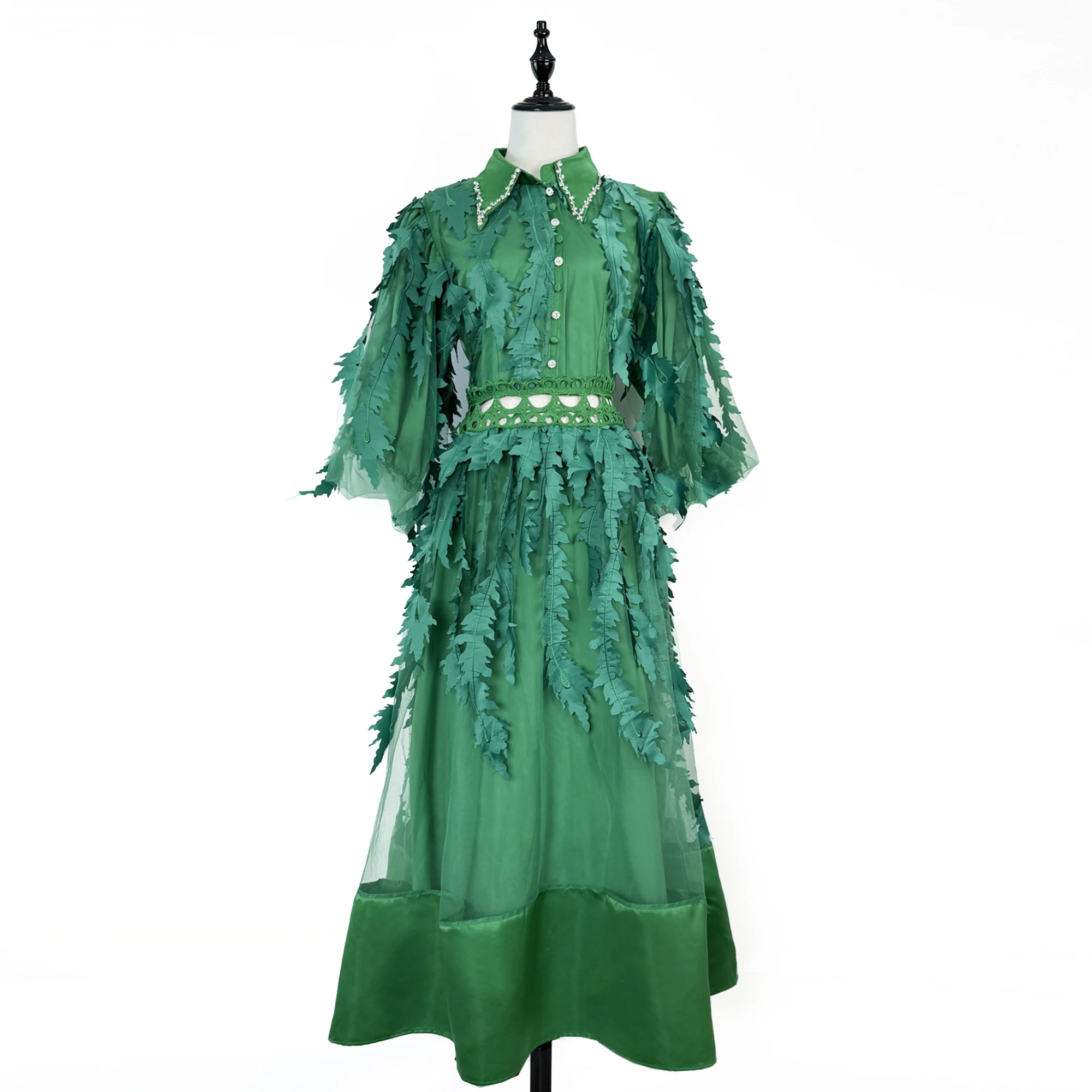 

Luxury Embroidery Diamonds Prom Party Dress Women's Lapel Lantern Sleeve Hollow Out Mesh Patchwork Slim Waist Casual Clothing