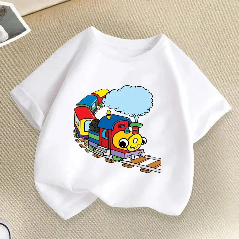 Children's Summer T-shirt Train Graphic Print Funny Casual White O-Neck Short Sleeve for Boys And Girls Cute Kids' Clothing