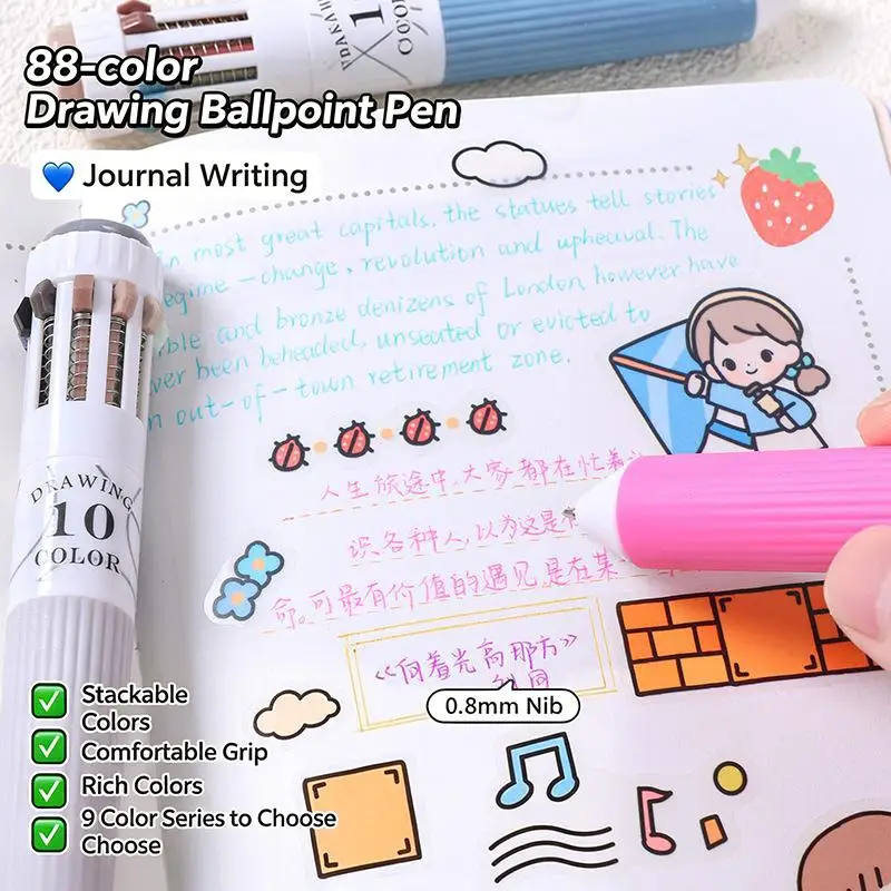 Retractable Multicolor 10 In 1 Ballpoint Pen 0.8mm Tip 1/3/6/9Pcs for Art Student Drawing Sketching Drafting Stationery
