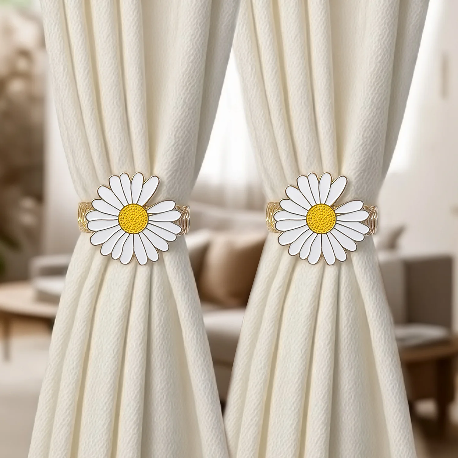 大きなデイジーの金属カーテンフック2個、リビングルーム、寝室、書斎の装飾に最適、耐久性とファッショナブルなカーテン固定