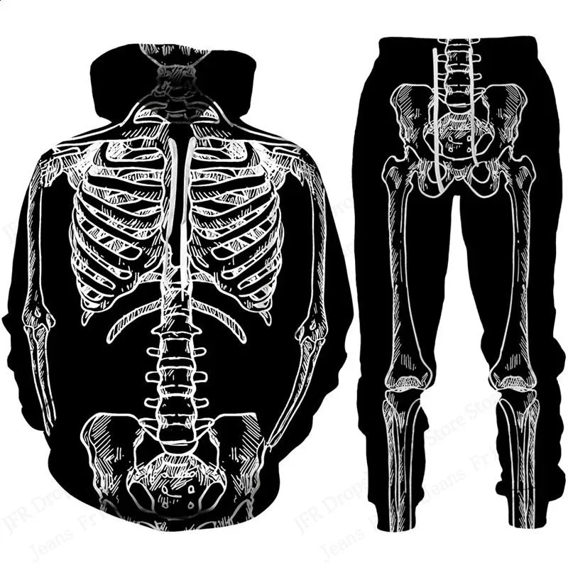 

3D Skull Skeleton Print Men's Tracksuit Outfit Outdoor Hoodie 2-Piece Set Autumn/Winter Men Women Halloween Sweatshirt Pants Set