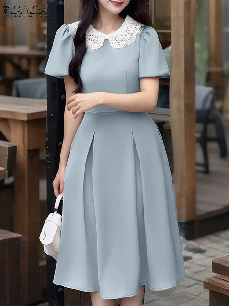 Eleganckie Sukienki Damskie 2025 ZANZEA Stylowa Sukienka na Imprezę Letnia Krótka Bufiasta Sukienka do Pracy OL Vestido Plisowana Sukienka Letnia Linia A Midi Robe