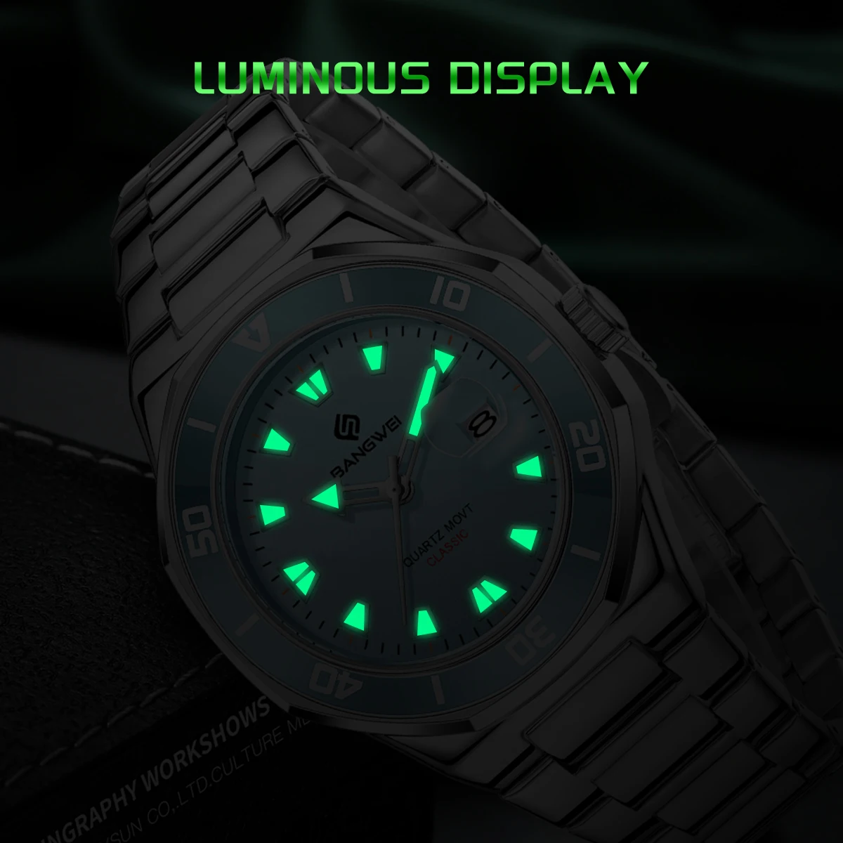 Reloj BANGWEI para hombre, relojes deportivos de cuarzo luminosos de acero inoxidable resistentes al agua de lujo para negocios, reloj de pulsera para hombre + caja