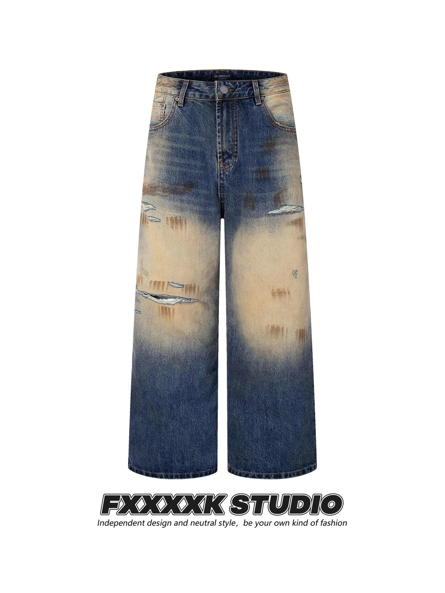 

FXK Original American High Street Distred Denim Jeans Men's Women's Straight Leg Design Sensation Small Iron Rust Wa Wid...