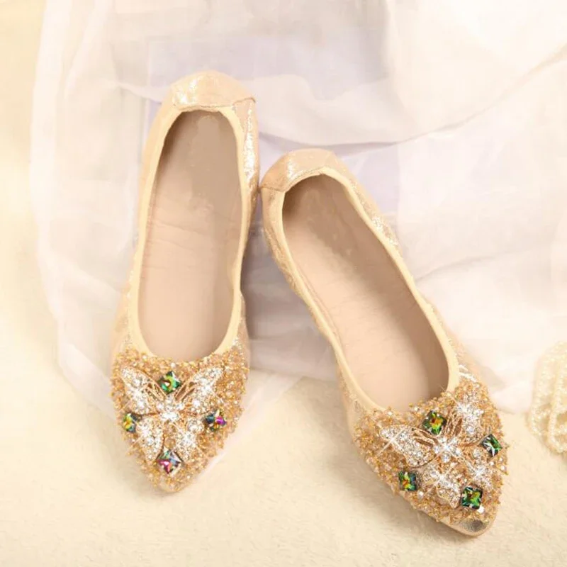 CEYANEAO New Fashion Butterfly Knot Solf Women's Flats Plus Size Rhinestone Egg Rolls Shoes Woman Spring Dancing Ballet Flats