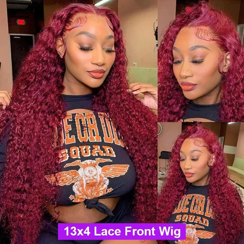 30 Inch 99J Burgundy Hd Lace Frontal Wig Red Colored 13x4 Transparent Curly Deep Wave Synthetic Lace Front Wig