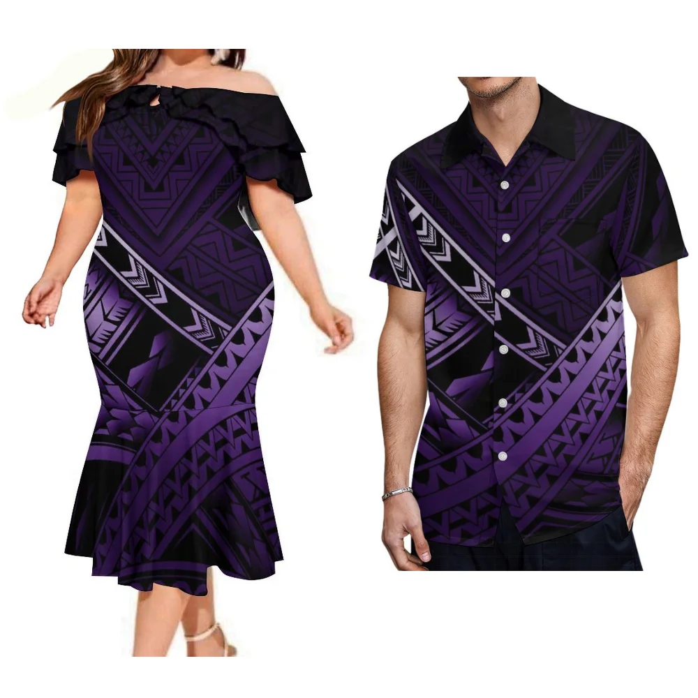 

High-Quality Samoan Elegant Couple'S Clothing Women'S Off-The-Shoulder Fishtail Dress Men'S Shirt Polynesian Adult Clothing