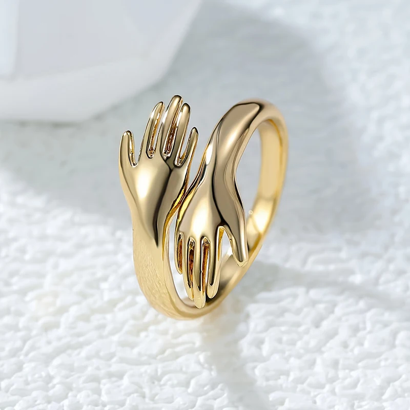 Huitan Verstellbare Offene Umarmungsringe in Goldfarbe, Hände-Umarmungs-Fingerring, Romantischer Liebesversprechen-Schmuck, Geschenk für Frauen, Dropshipping