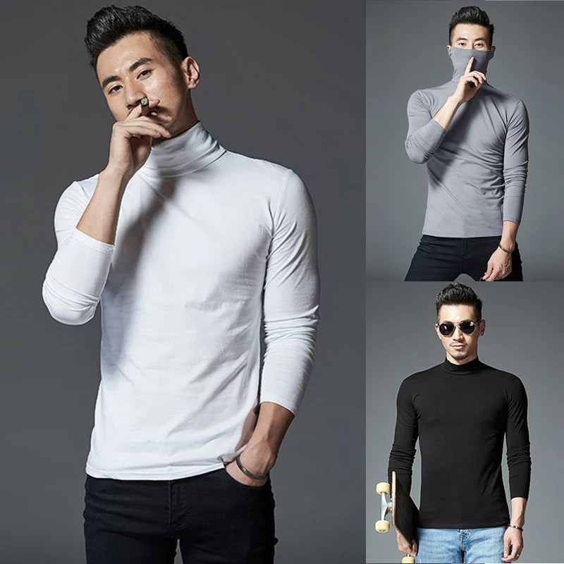 Casual Mens Thermal Underwear Slim Turtleneck Tops Long Sleeve Solid Color Basic Tops T-shirt Undershirts Pullover Men Clothing