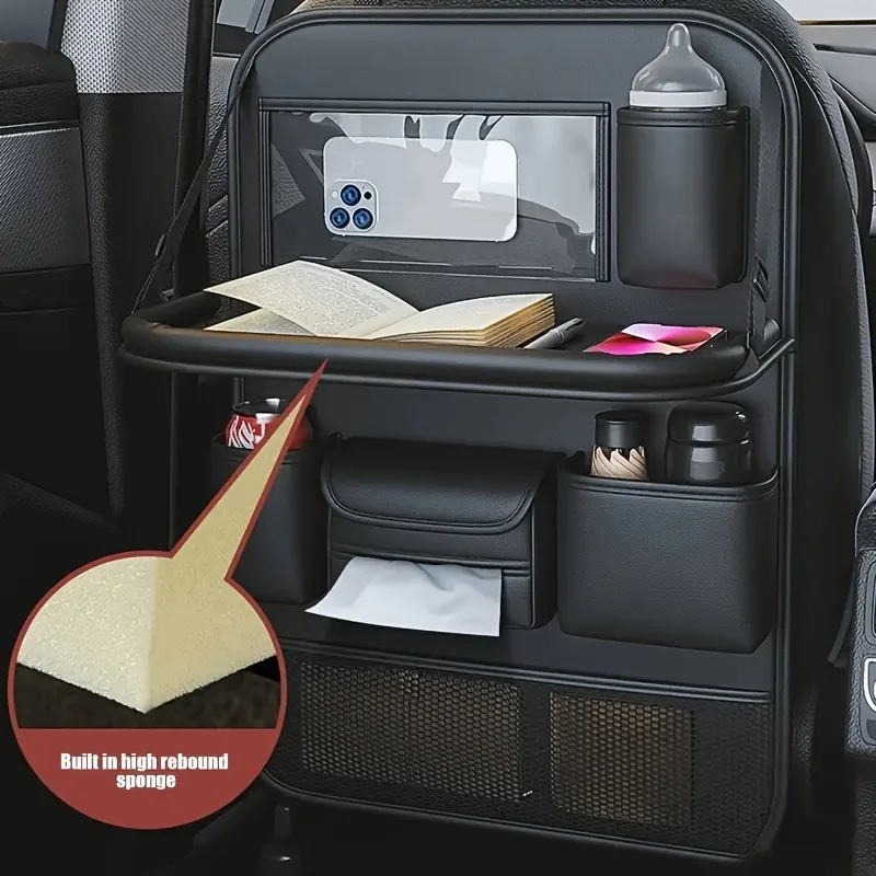 Organisateur arrière de sièges de voiture, sac de rangement spacieux en cuir PU avec plusieurs poches, couverture arrière de siège de Table pliable pour voiture noir
