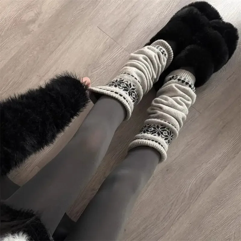 Vintage Wool Y2k Knitted Leg Covers Cuff Socks Women Long Leg Socks Fair Isle Snowflake Slouchy Socks Winter Warm Boot Covers