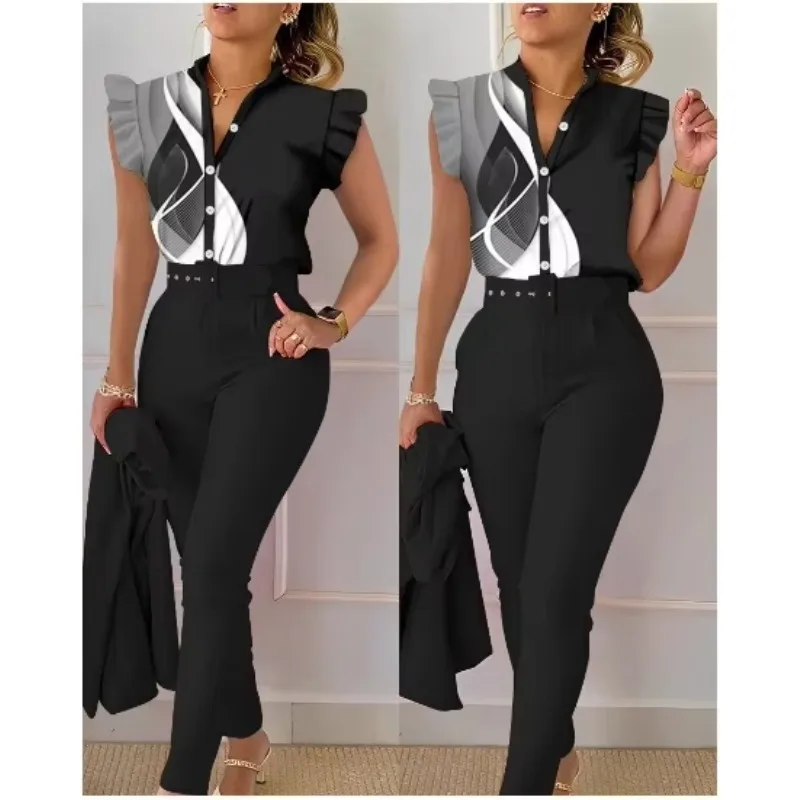 Bedrukte ruches mouw single-breasted nieuwe casual mode slim-fit top en effen kleur broek met riem pak dames