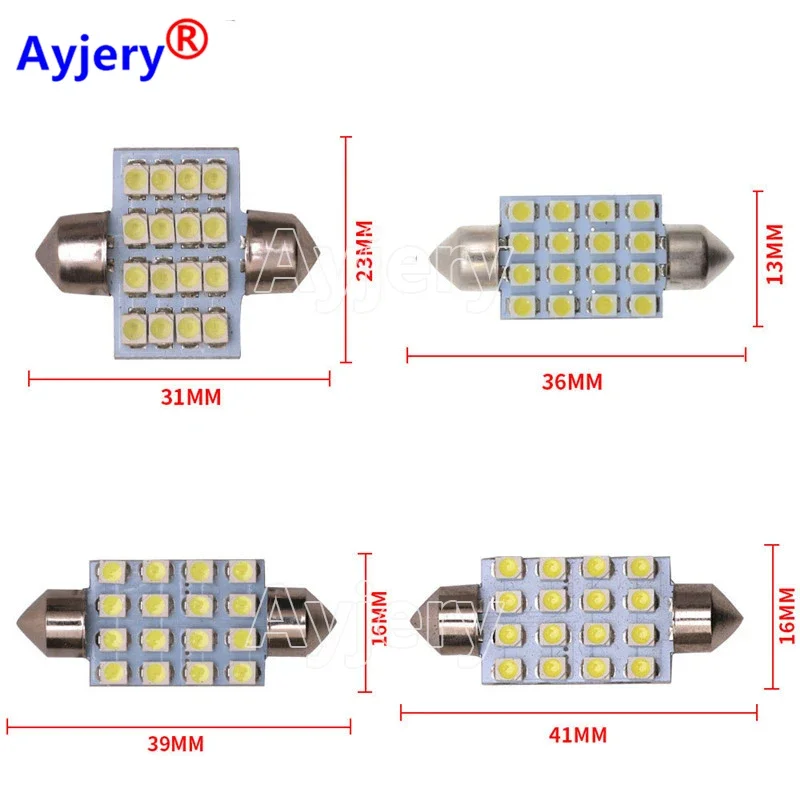 AYJERY 100 Pcs 3528 1210 White 16 SMD LED Car Dome Festoon Interior Lights Bulbs 31mm 36mm 39mm 41mm Auto Roof Car Trunk Light