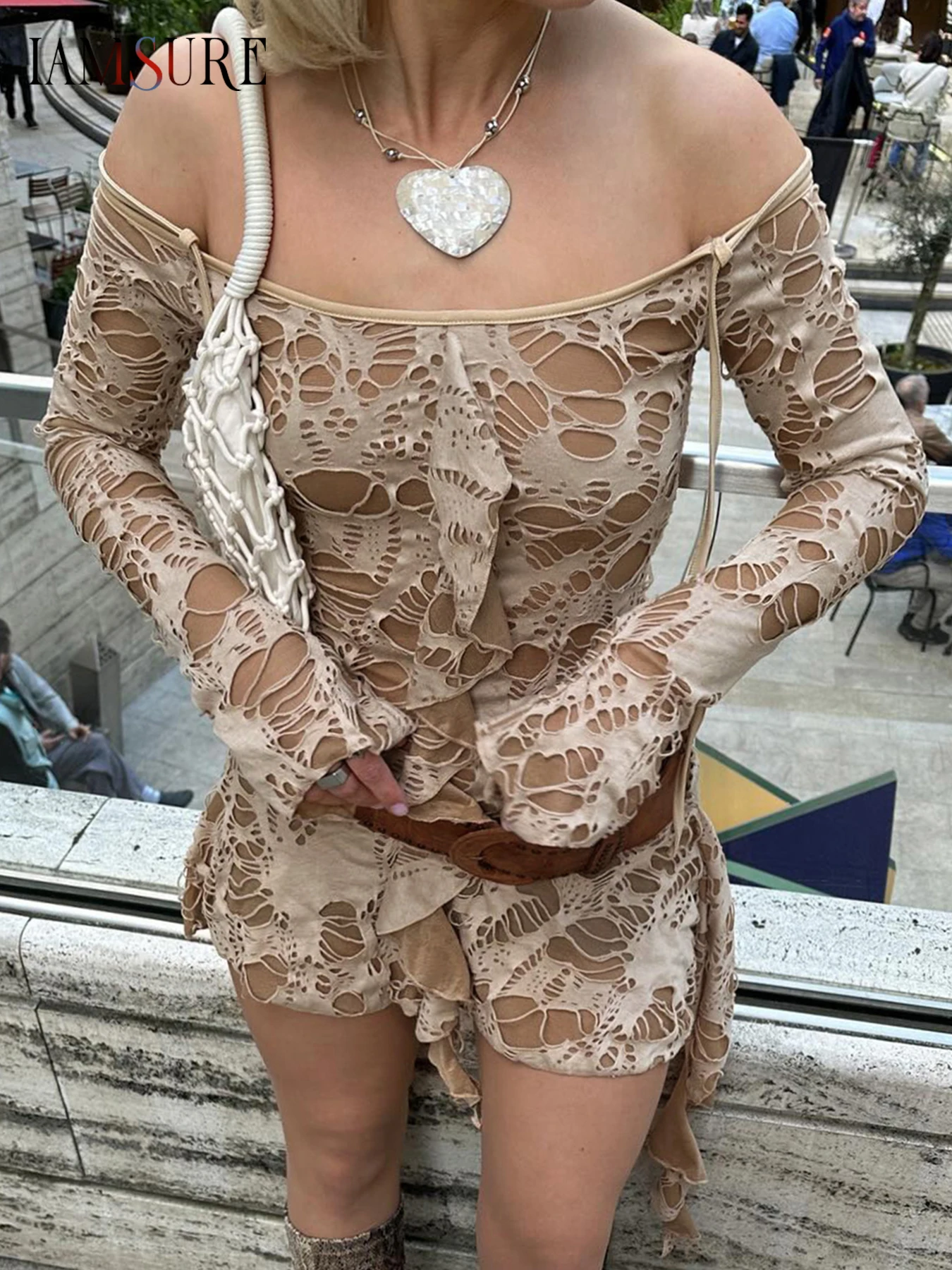 

IAMSURE Waste Soil Style Hollow Out Ruffles Dress Grunge Fairycore Slim Slash Neck Long Sleeve Mini Dresses For Women Autumn