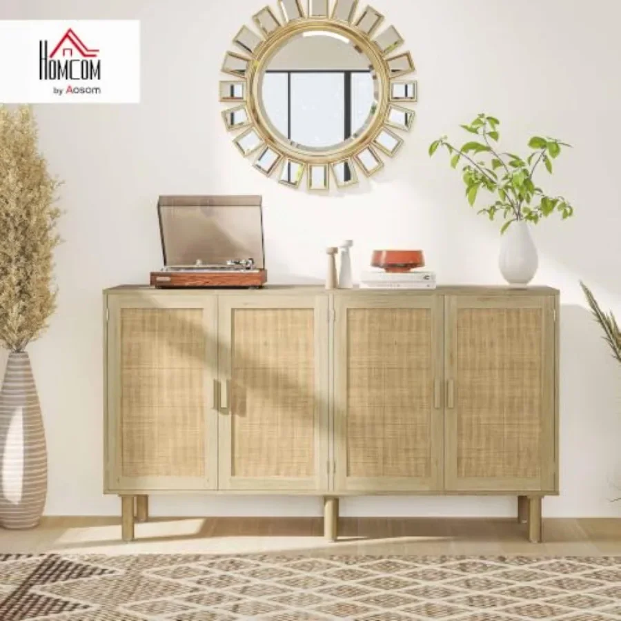 Sideboard Buffet Cabinet for dining room, solid wood, natural finish, 62-inch with 4 doors and adjustable shelves