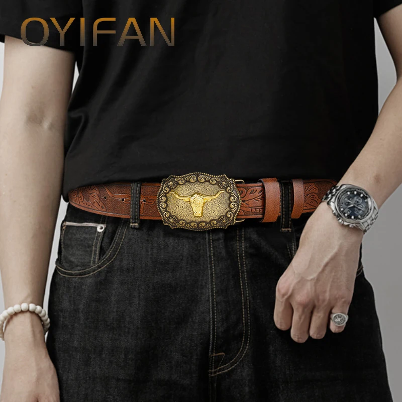 OYIFAN-Cinturón de vaquero tallado para hombre y mujer, cinturón Unisex con hebilla de Pin, 110-130cm