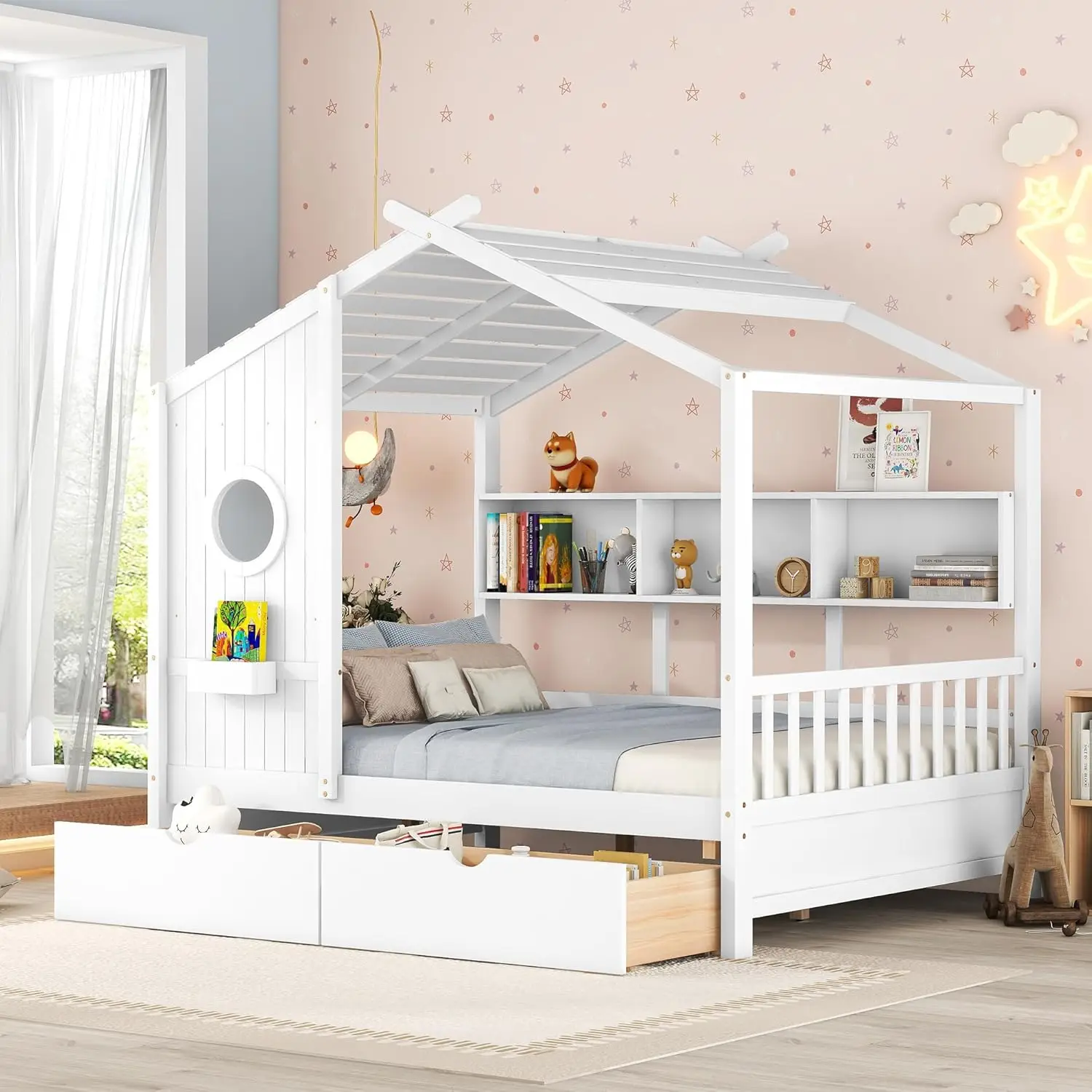 

Full Size House Bed with Storage Drawers and Shelves, Montessori Bed Frame with Bookshelf and Window for Kids, Customized