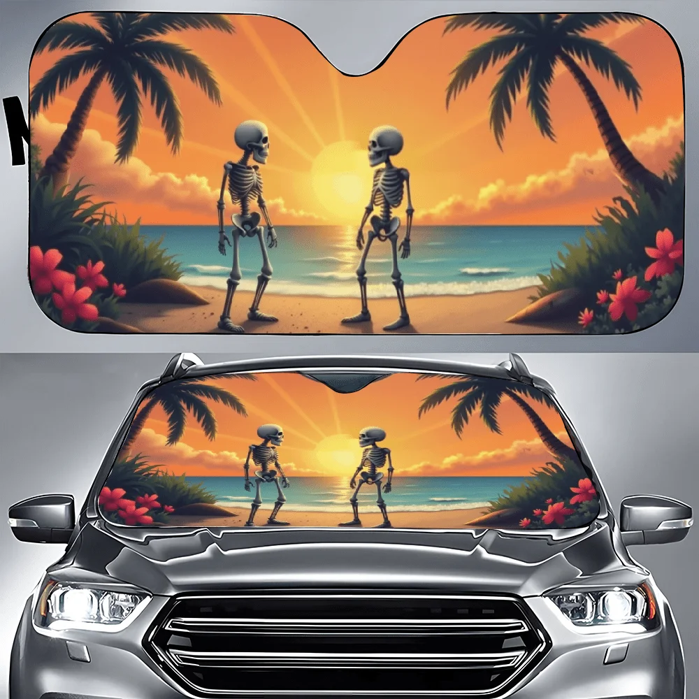 Couple Of Skeletons Walking On A Beach At Sunset Car Auto Sunshades Car Sunshade, Front Window Sun Cover For Car, Auto Sunshade
