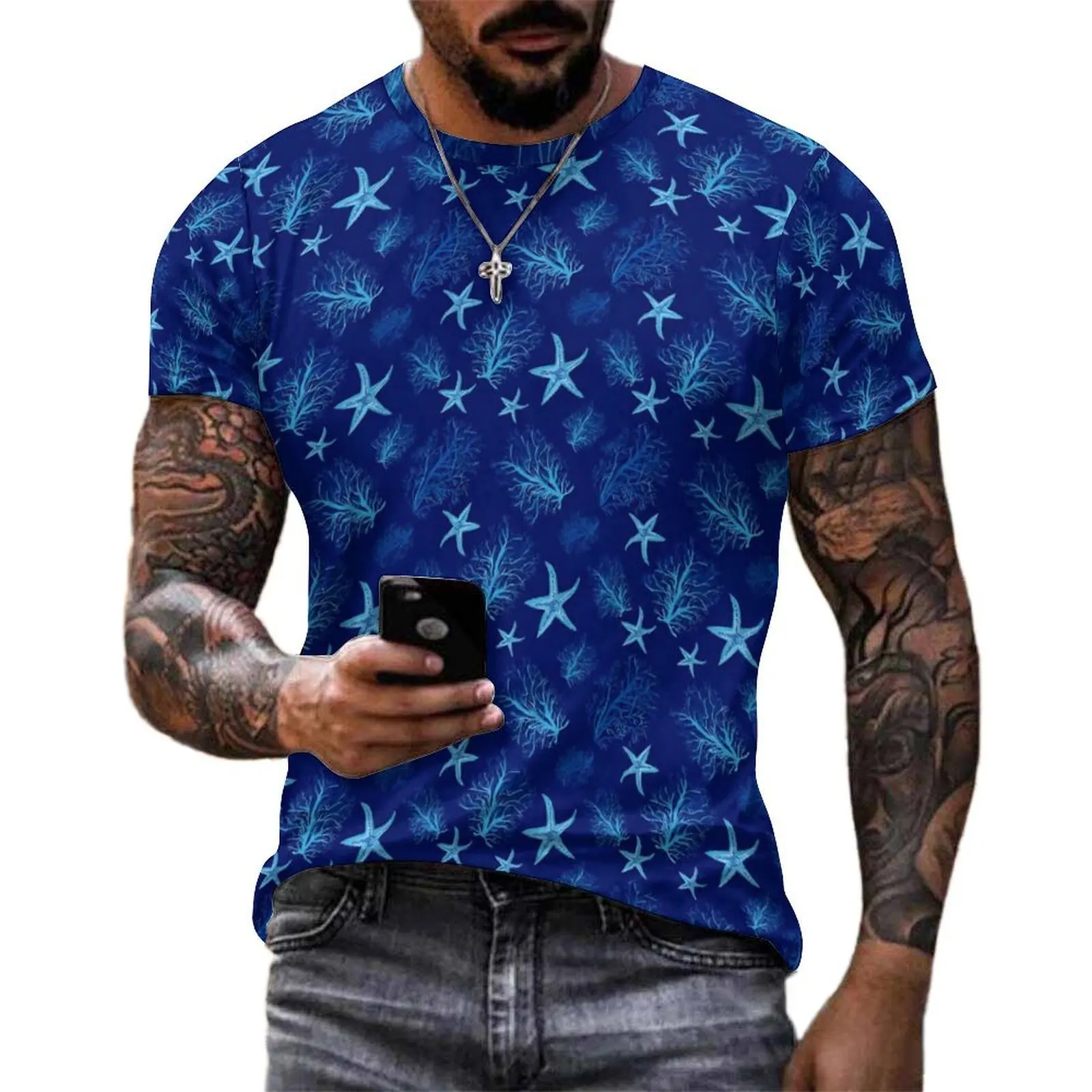 Oversized T-Shirt Summer Navy Starfish T Shirts Coral Watercolor Kawaii Crewneck Tshirt Men Popular Printed Tees