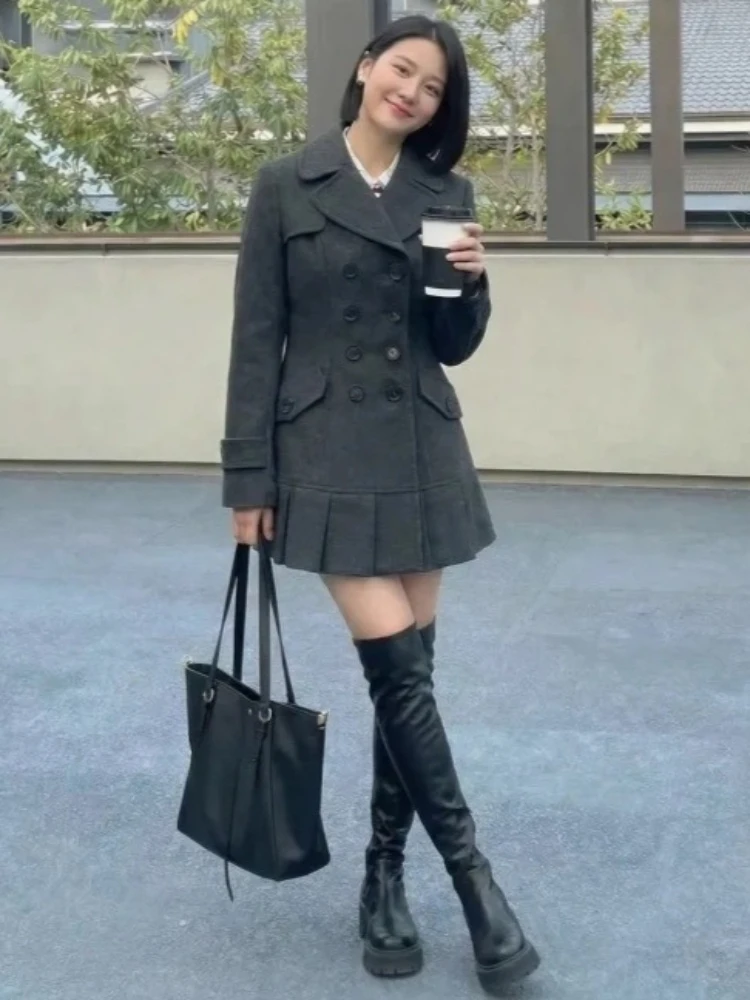 Winter Französisch Retro Elegante Wollmantel frauen Zweireiher Rüschen Hepburn Langarm Mantel Neue Grau Vintage Oberbekleidung