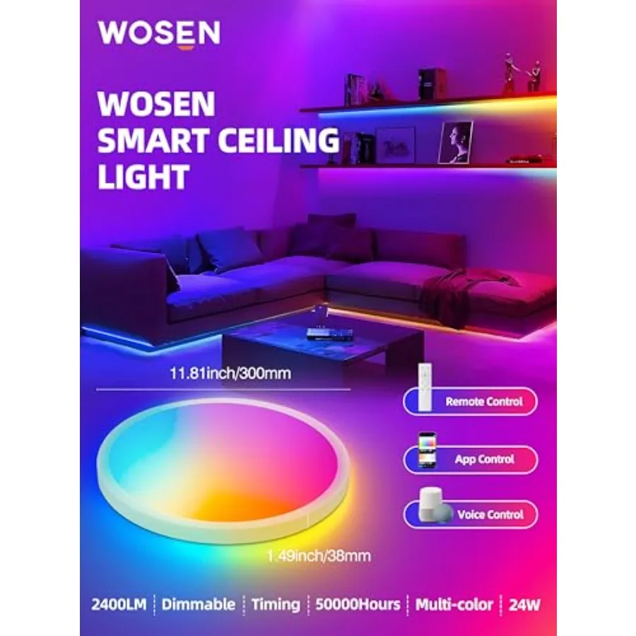 2 Pack 12 Inch Smart Ceiling Light Fixture RGB LED Flush Mount Ceiling Light with Night Light 24W 2400LM Ultra-Slim Ceiling Lig