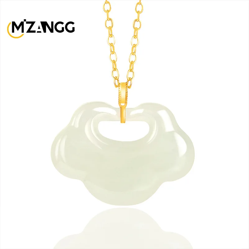 

High-end 18K Gold Inlaid Natural Old Material Hotan White Jade Ruyi Lock Pendant Fashion Men and Women Lucky Charms Necklace