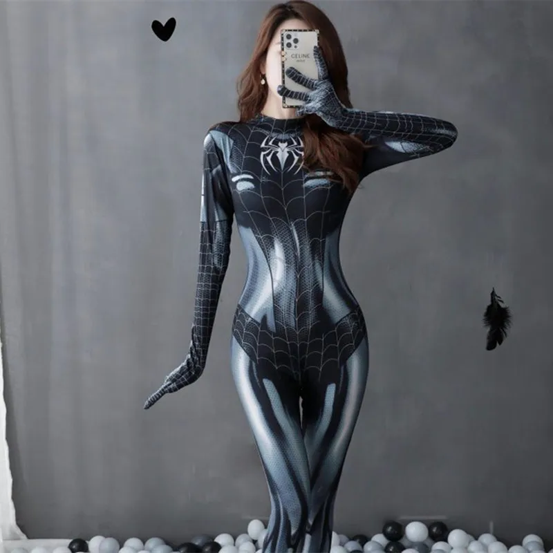 Heißer Cosplay Spinne Sexy Erotische Dessous Zentai Anzug Frau Overall Hero Zentai Kostüm Schwarz Body Party Kleid Öffnen Gabelung