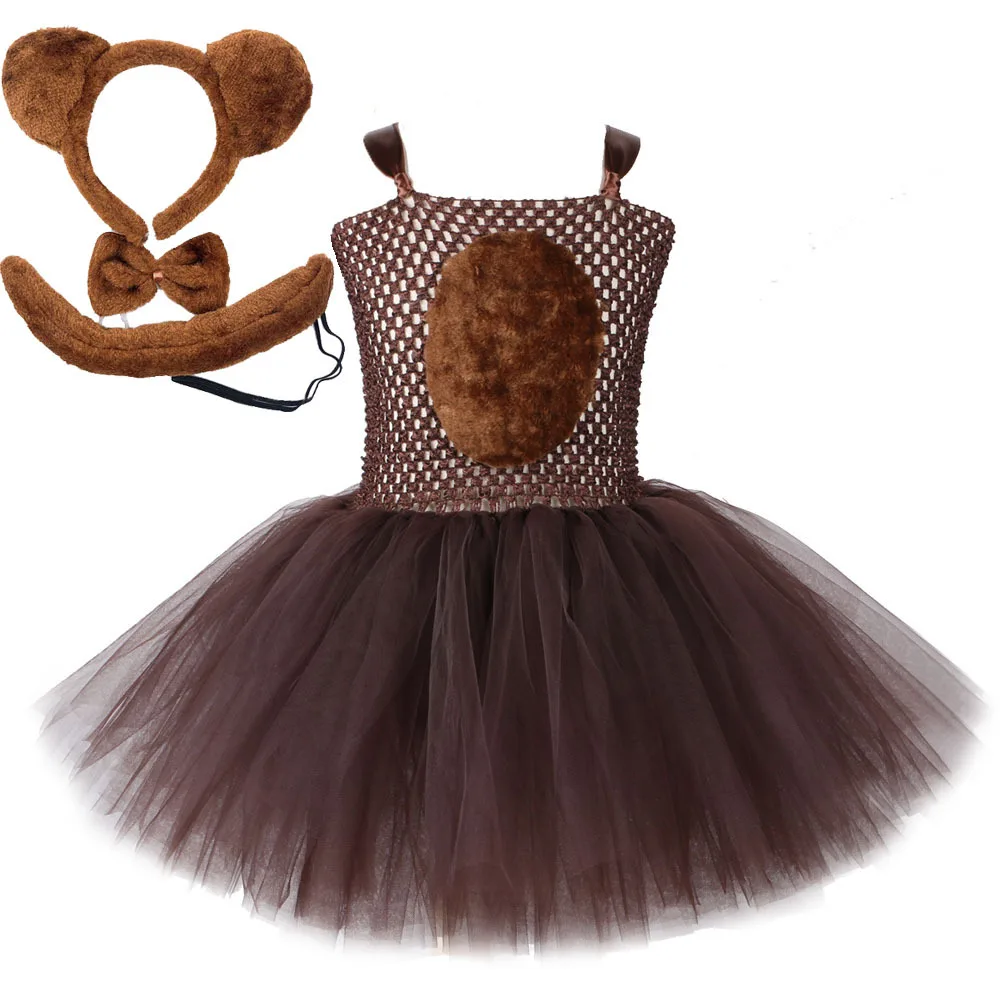 Brown Bear Tutu Dress Outfit for Girls Kids Animal Halloween Cosplay Costumes Children Holloween Birthday Dresses with Headband