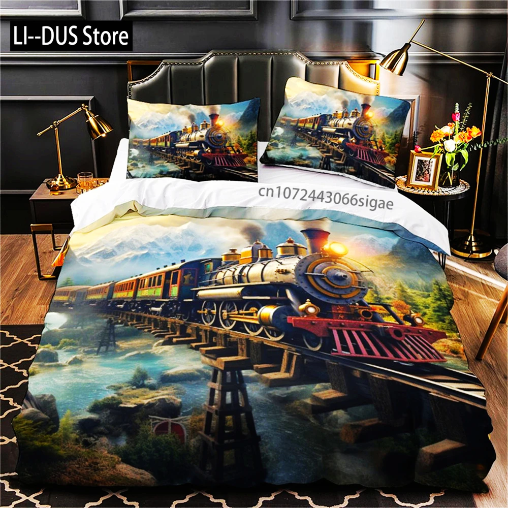3D Steam Locomotive Train Duvet Cover Set With Pillowcases, 2/3 Piece Polyester Bedding Set No Duvet Insert - Digital Print