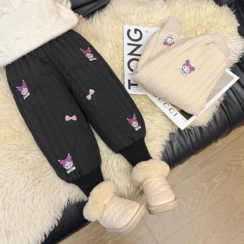 Sanrio winter Kulomi cute children's warm casual trousers cartoon bow velvet thickened cold-proof loose outer pants