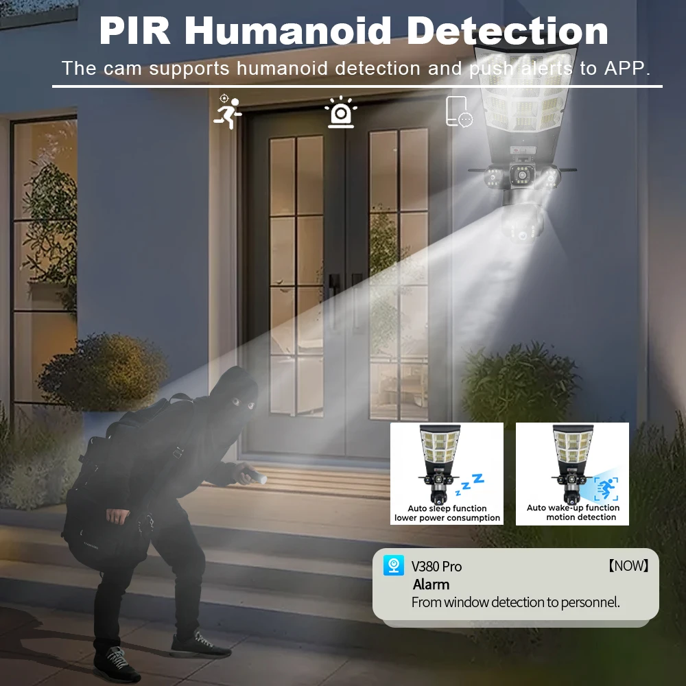 مستشعر الكاميرا الشمسية ضوء الشارع LED 3 أوضاع إضاءة ثلاثة عدسة 4G 15MP كاميرات المراقبة الخارجية IP66 مقاوم للماء التحكم عن بعد