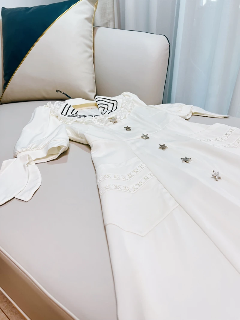 

Retro Navy Collar Lace Trim Bubble Sve White Slimming Holiday Dr Initial Romance Ladylike A-Line Dr Polyester Spandex