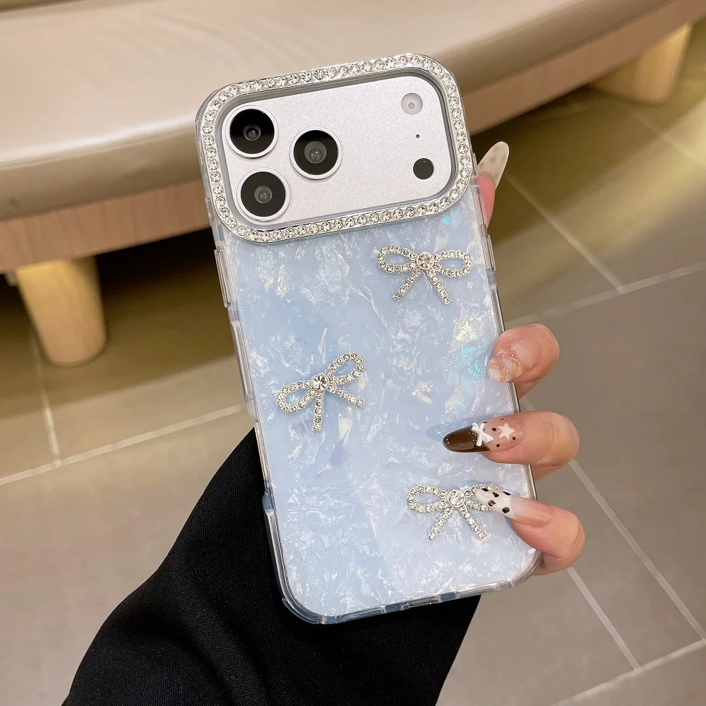 Candy Color Glitter Diamond 3D Bowknot Phone Case For iPhone 17 16 15 14 13 Pro Max Korean Cute Girl Protection Back Cover