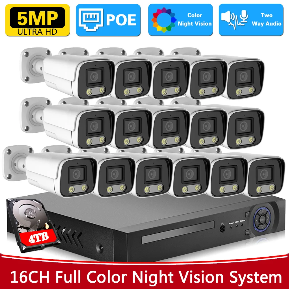 

16CH 5MP POE IP Camera System 4K POE NVR Kit H.265 Video Surveillance Set Indoor Two-Way Audio CCTV Full Color Night Vision Set