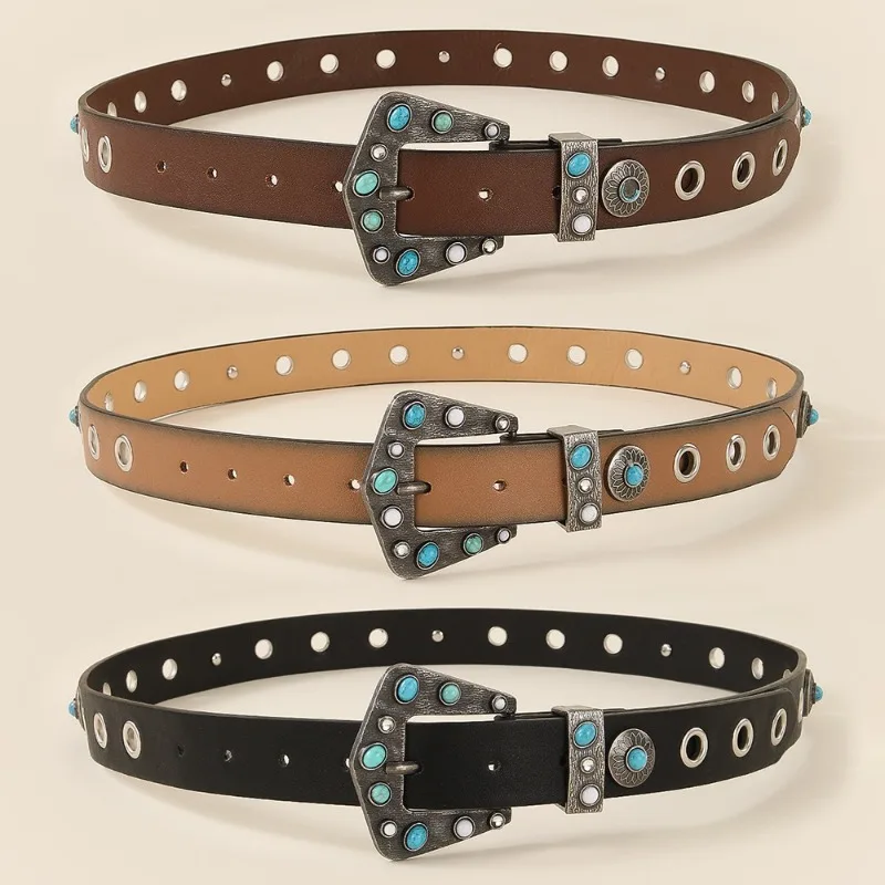 FashionableVersatile Punk-Style Belts with Eyelet Accents Trendy Gold-Studded Niche Ethnic-Inspired Women’s Belts