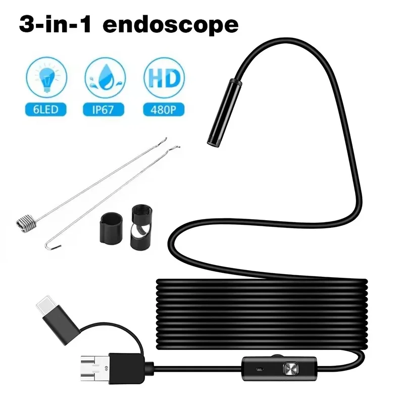 7mm Mini Endoscope Camera Type C USB 1080P Flexible Waterproof Borescope With LED Light For Android Phone And Laptop PC Computer
