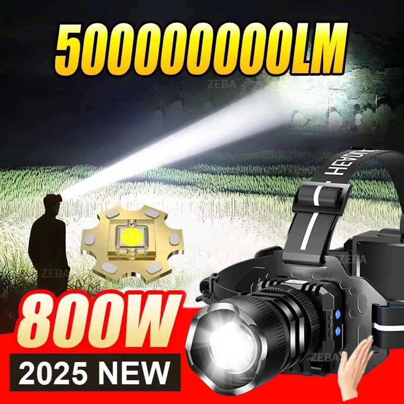 

Мощный налобный фонарь 5000000 лм, 800 Вт, светодиодный, с датчиком, дальнобойный, перезаряжаемый (18650), для рыбалки и кемпинга