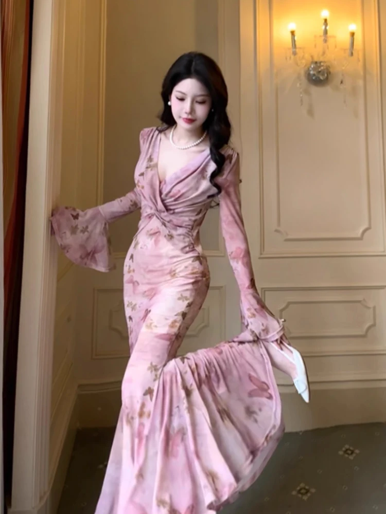 Elegant Mermaid Flare Sleeve Long Dresses 2-piece Set Vintage Sexy Pink Print Evening Club Robe Women Spring Summer Vestidos