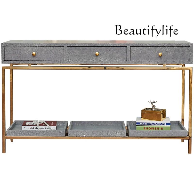 

Post-Modern Light Luxury Stainless Steel Console Nordic Minimalism Bedroom Leather Drawer Curio Cabinet