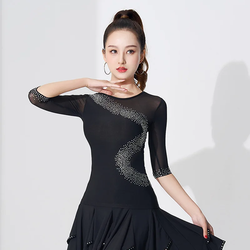 Superior Quality Solid Color Latin Dance Costume Evening Top Tango Jazz Rhinestones Wear Waltz 2024 New Belly Woman Short Sleeve