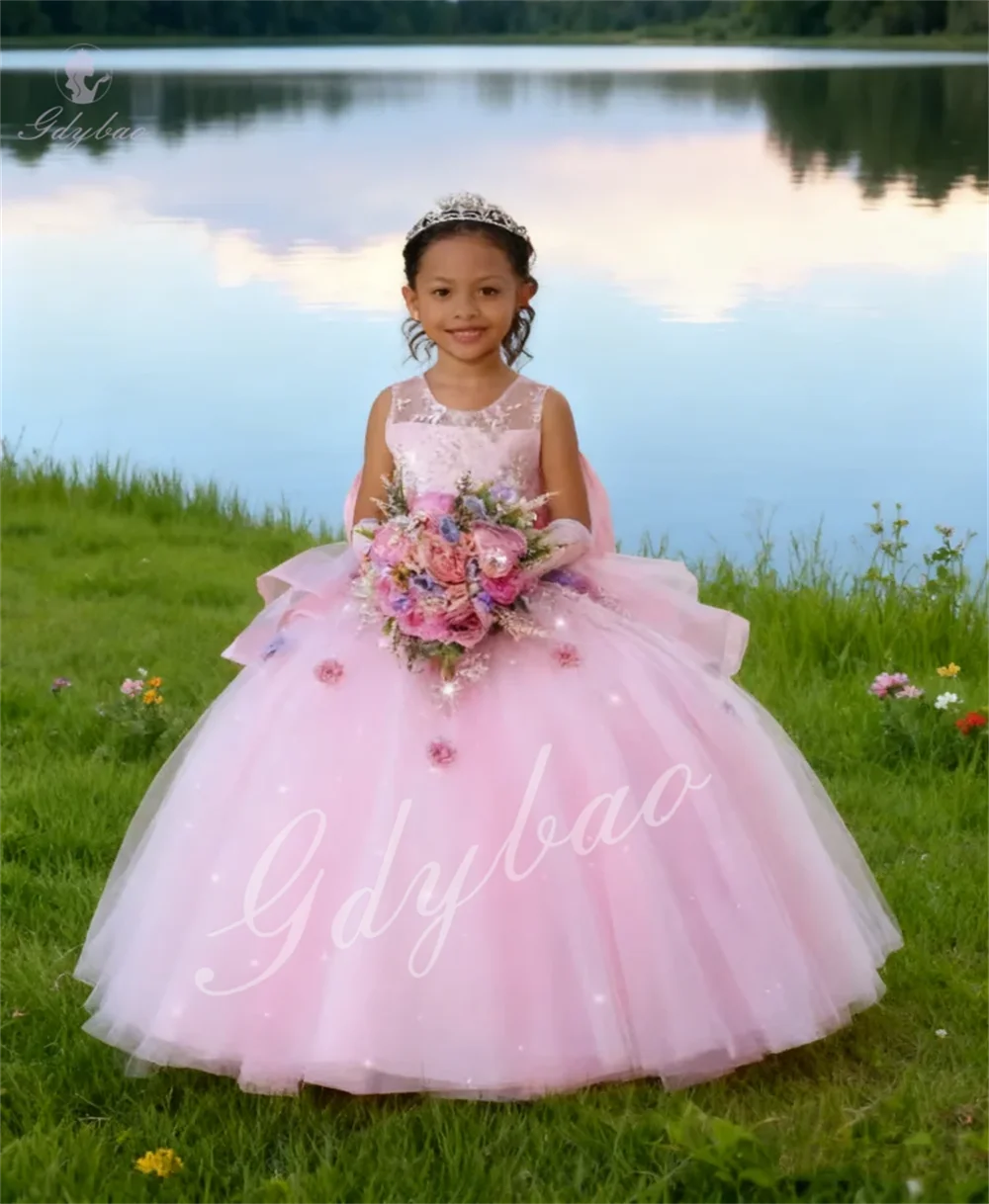 Pink Backless Sleeveless Fluffy Flower Girl Dress Suitable For Wedding Princess Party Celebrity and Piano Performance