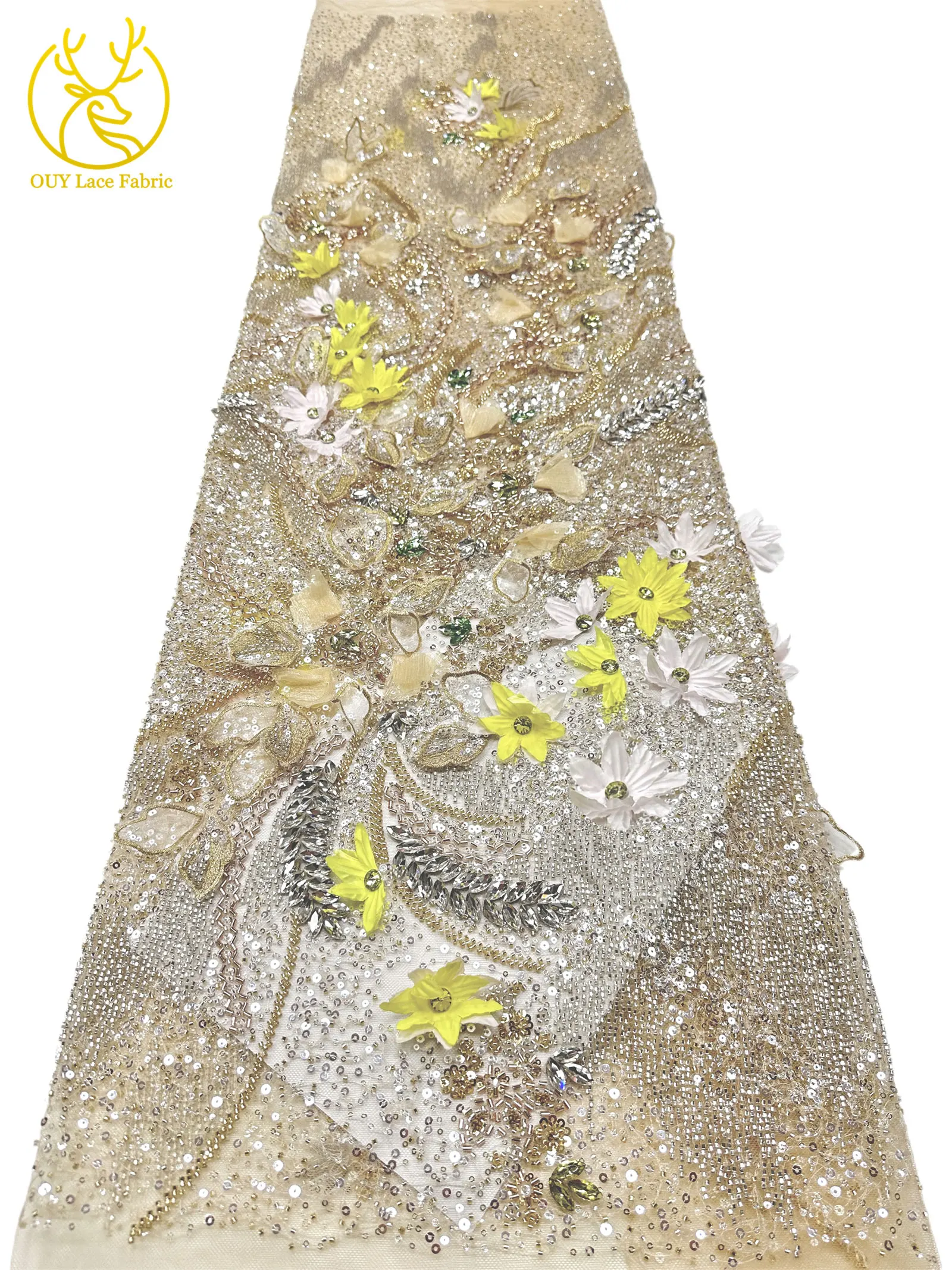 Hochwertiger luxuriöser französischer Edelstein-Perlenstickerei-3D-Blumen-Afrikanischer-Pailletten-Spitzenstoff für DIY handgefertigtes Hochzeitskleid. – Detail 12