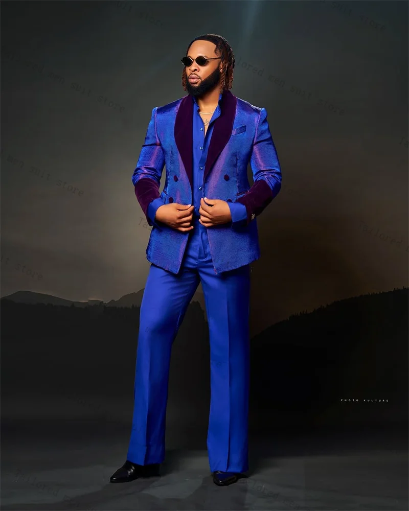 

Shiny Blue Men Suits Set 2 Pieces Blazer+Pants Trousers Wedding Tuxedos Jacket Formal Double Breasted Groom Male Coat
