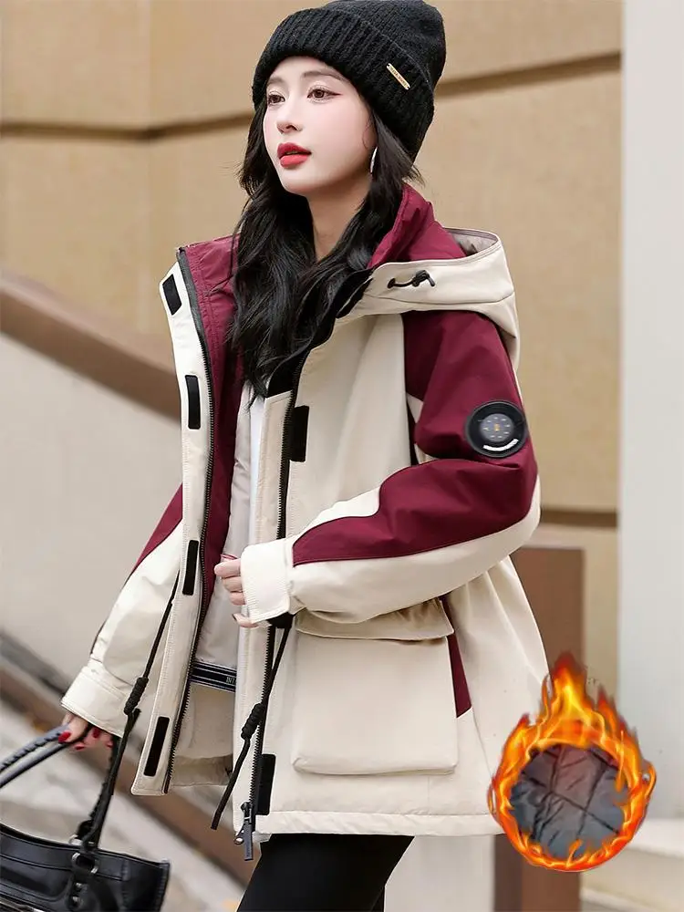 Women's Autumn Winter Short Size Parka Coat Warmth Waist-Cinching Utility Jacket New 2026 Fashion Splicing Super Beautiful