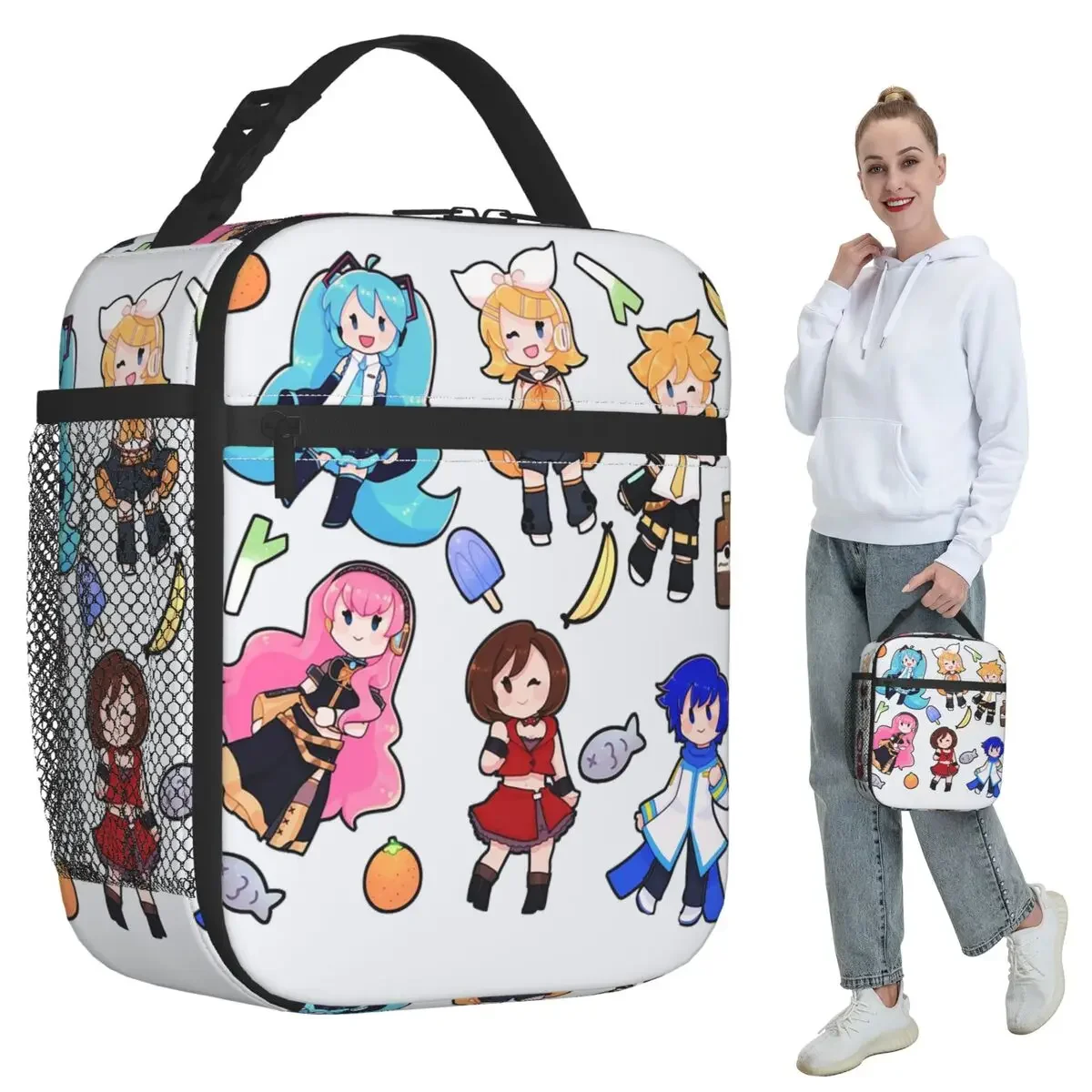 ボーカロイドちびカオス！-ミク-断熱ランチバッグ-子供用-学校用-クーラー-保温食品ボックス-トートバッグ-ポータブルランチボックス-コンテナ