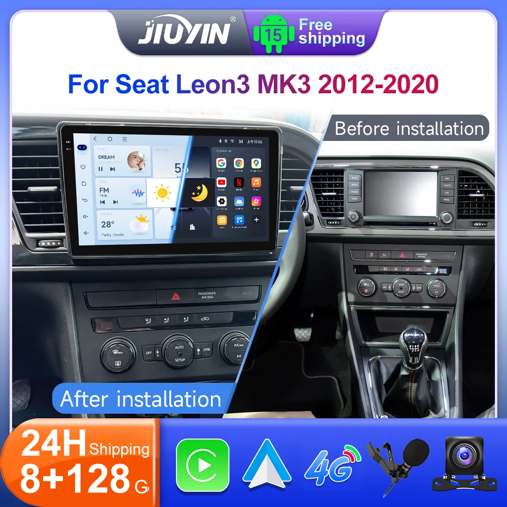 JIUYIN 9 "Android 15 Radio de coche para Seat Leon MK3 2012-2020 navegación GPS reproductor Multimedia inalámbrico estéreo Wifi 4G Auto BT SWC