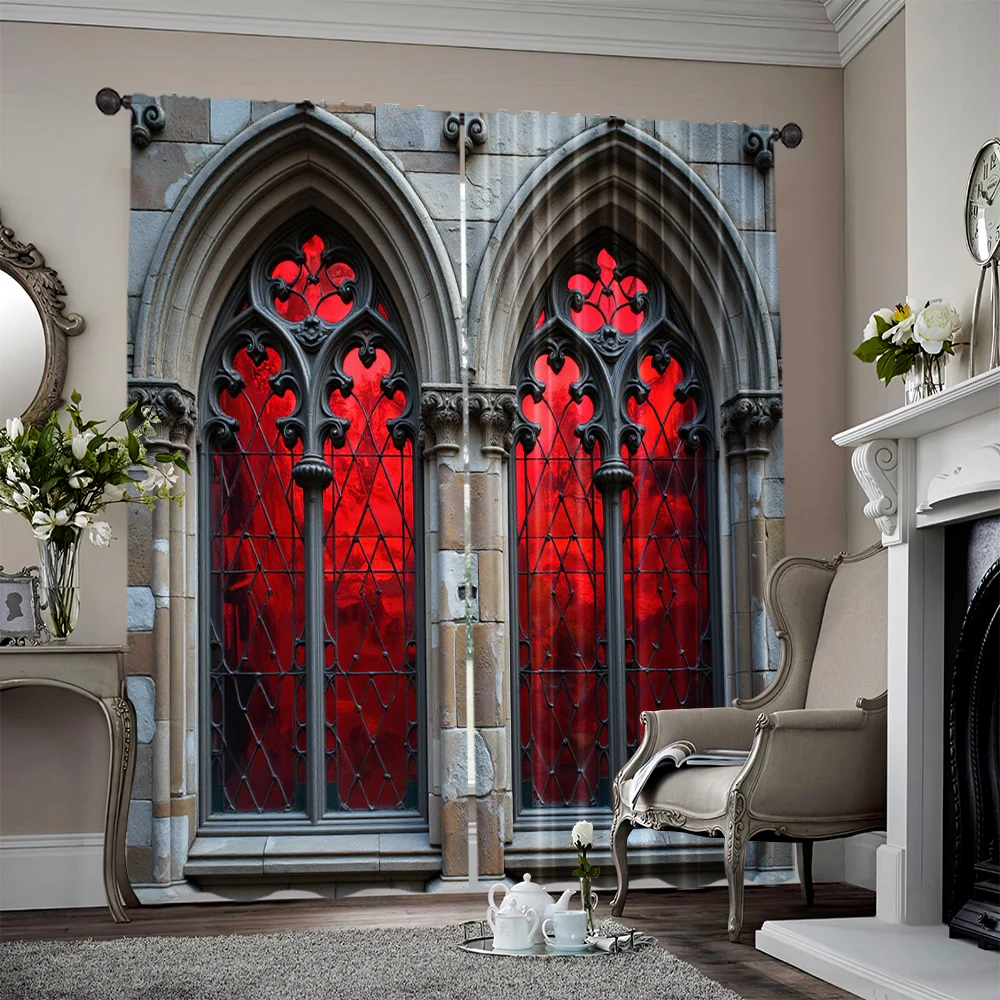 2pcs, 2D flat printing Curtains Gothic castle Versatile Polyester,Without Electricity Holiday Decorations Suitable for Party