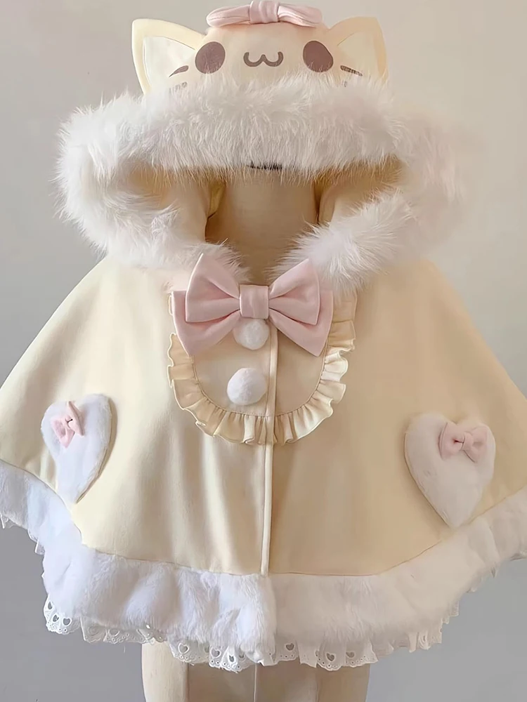Doce bonito bowknot capa casaco de inverno gato orelha chapéu capas de lã xale jaqueta japonês lolita mangas compridas kawaii roupas ponchos