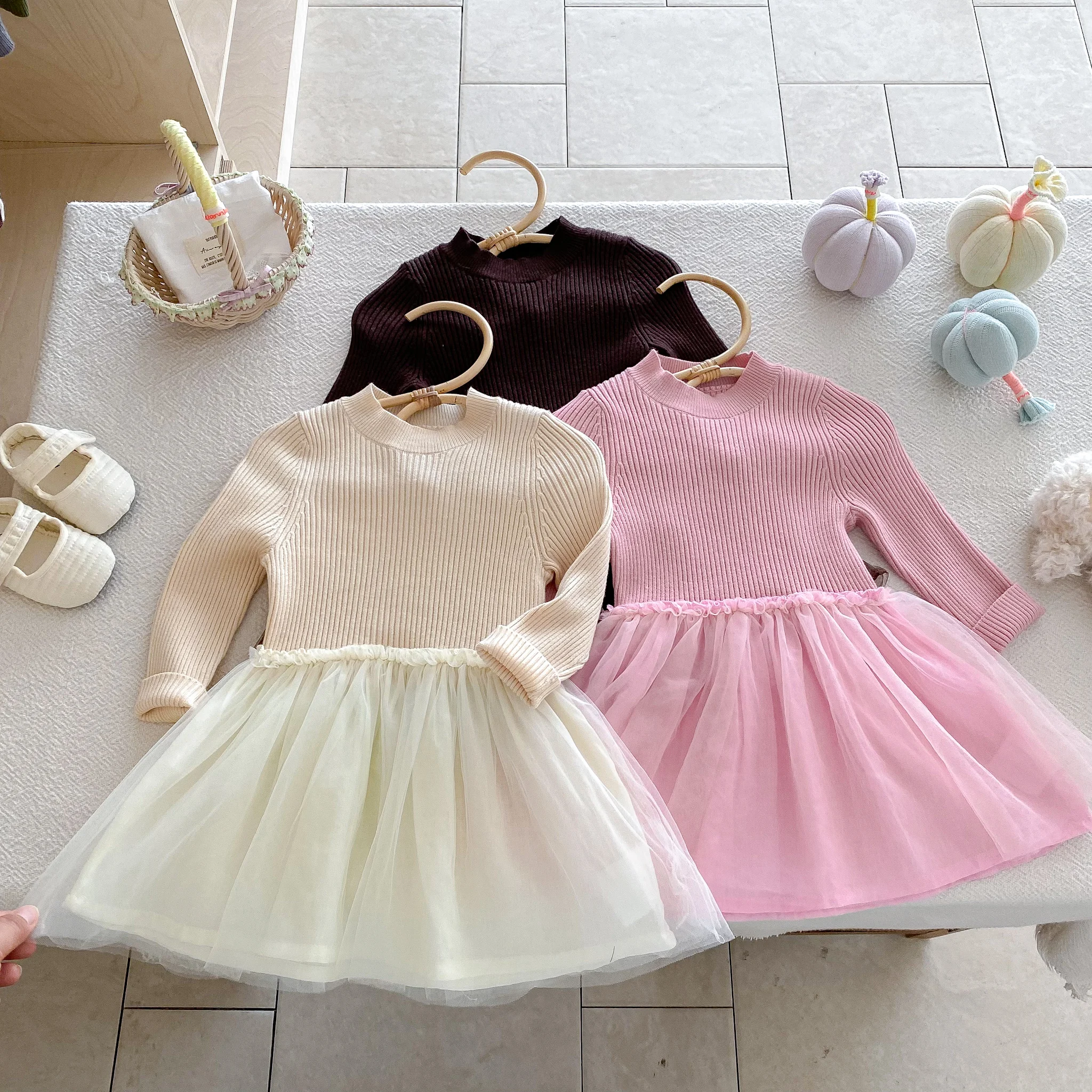 Autumn and Winter Girls' Semi-High Neck Woolen Mesh Fabric Patchwork Dress, Solid Color Puffy Dress, Princess Dress
