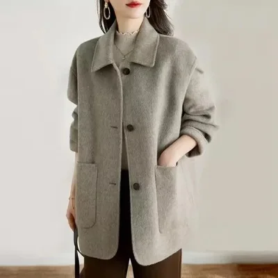 Women Wool Mid Length Coats Jackets Blends Turn Down Collar Coat Solid Y2k Streetwear Jacket Work Outerwear Autumn Winter
